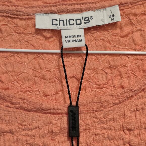 NWT Chico's Knit M Top Textured Cap Sleeve Tee Top Coral Blossom - Picture 3 of 10